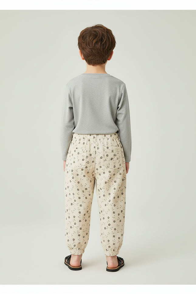 Pantalon Blanc Côtelé Floral Ample Enfant Décontracté - Beige Cordé - vue 2