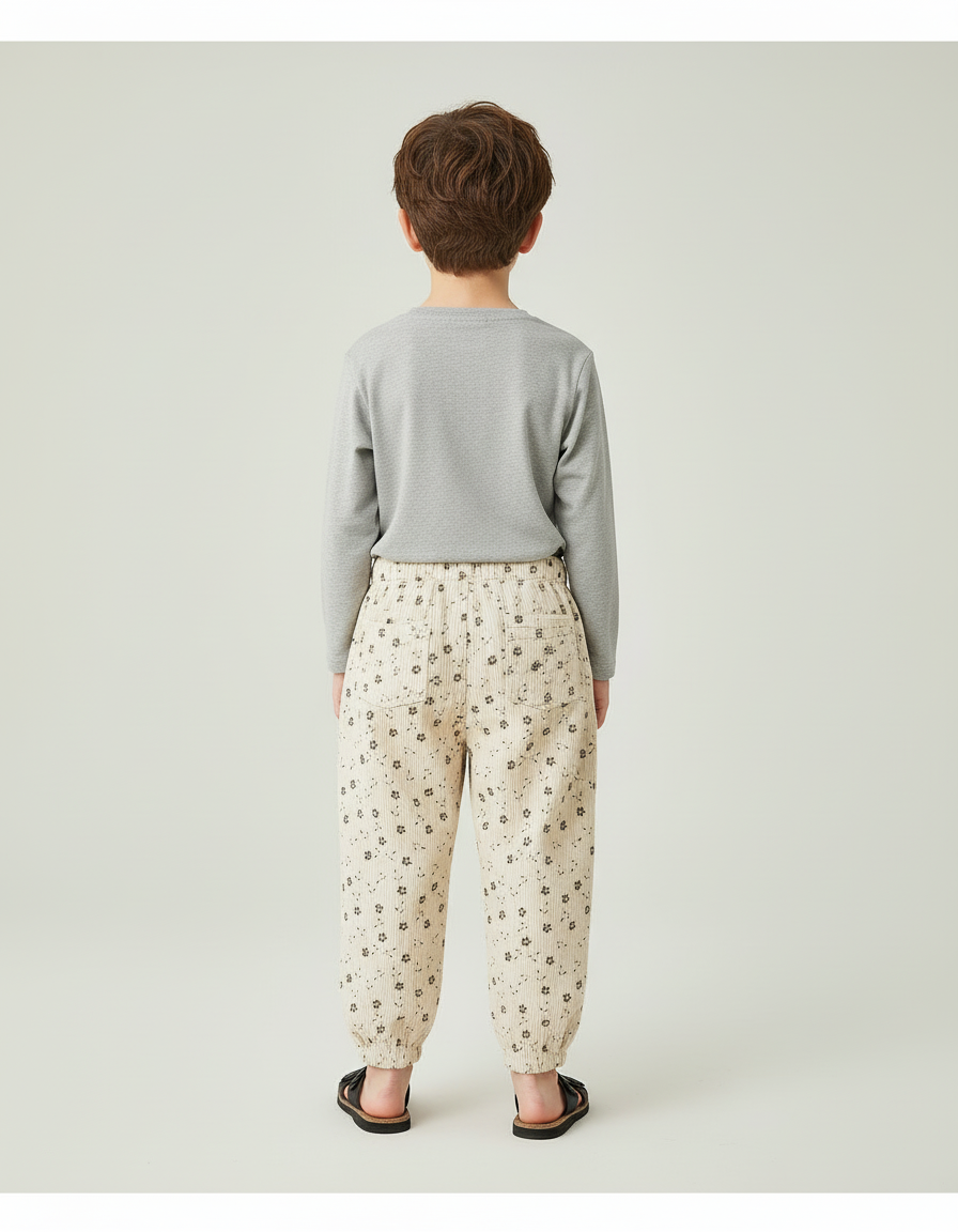 Pantalon Blanc Côtelé Floral Ample Enfant Décontracté - Beige Cordé - vue 2