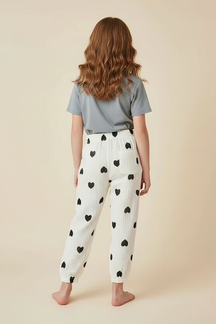 Pantalon Blanc Coton Coeurs Noirs Ample Enfant - vue 2
