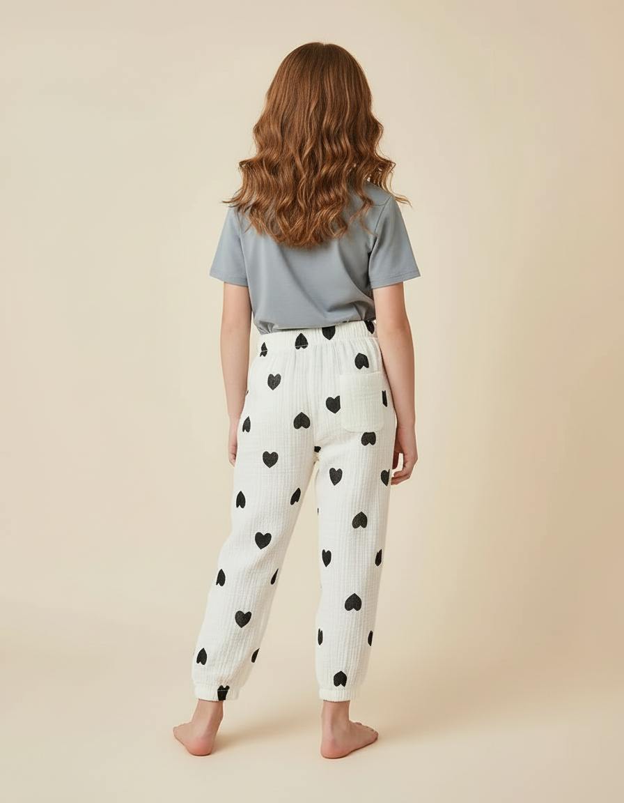 Pantalon Blanc Coton Coeurs Noirs Ample Enfant - vue 2