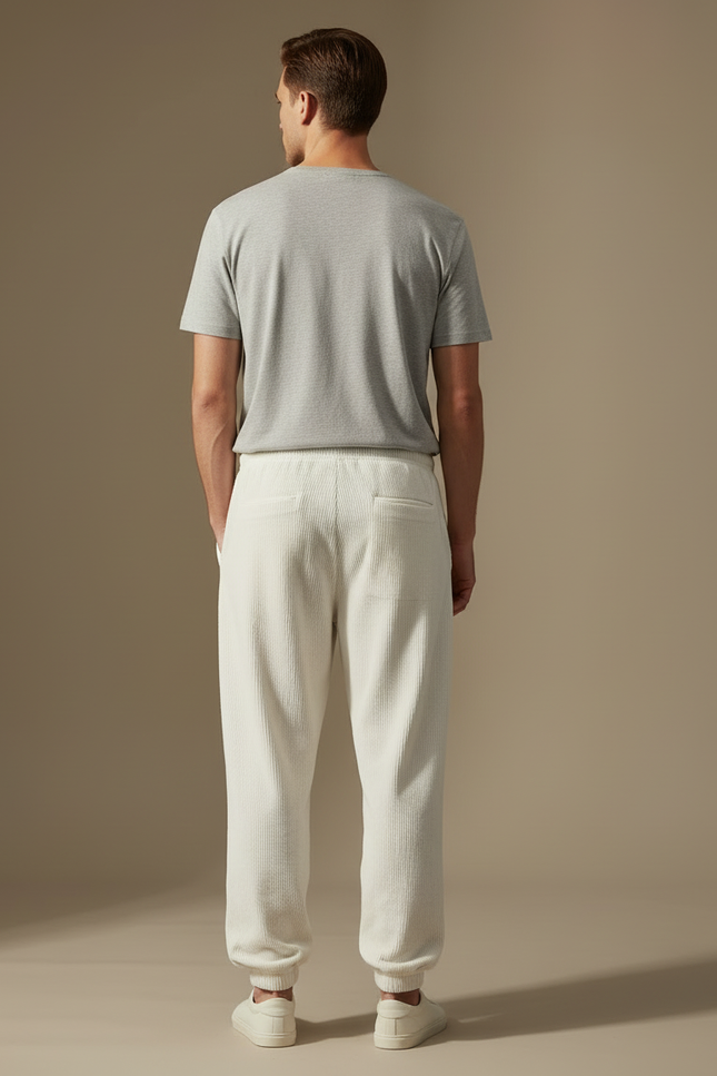 Pantalon Blanc Côtelé Ample Décontracté Homme Brodé - Cordé - vue 2