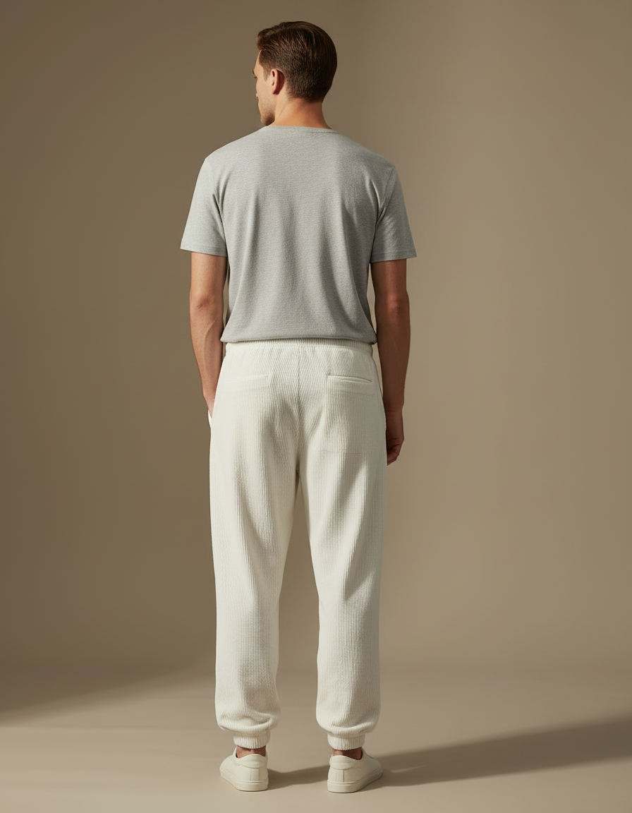 Pantalon Blanc Côtelé Ample Décontracté Homme Brodé - Cordé - vue 2