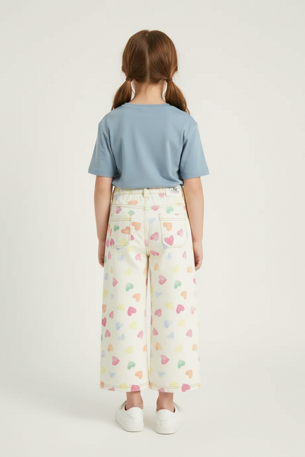 Pantalon Blanc Large Cœurs Imprimés Fille Décontracté - Jean - vue 2