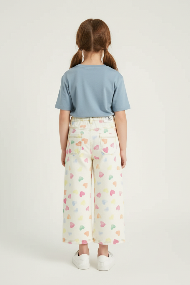 Pantalon Blanc Large Cœurs Imprimés Fille Décontracté - Jean - vue 2