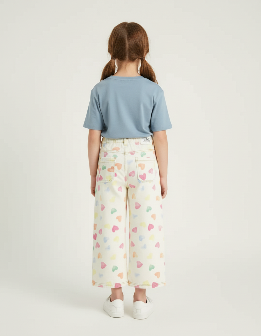 Pantalon Blanc Large Cœurs Imprimés Fille Décontracté - Jean - vue 2