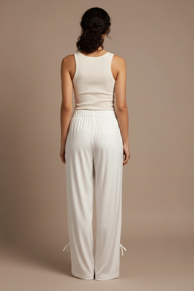 Pantalon Blanc Fluide Satiné Brodé Ample Élégant - vue 2