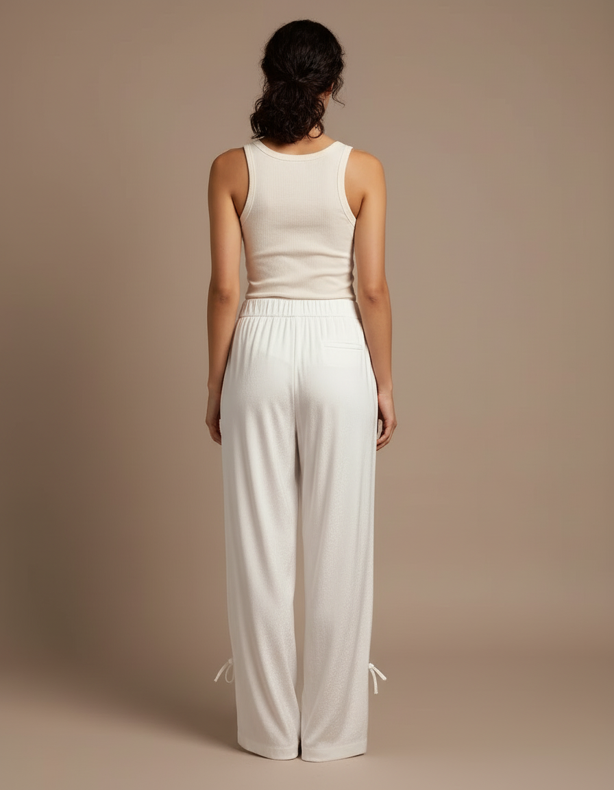 Pantalon Blanc Fluide Satiné Brodé Ample Élégant - vue 2