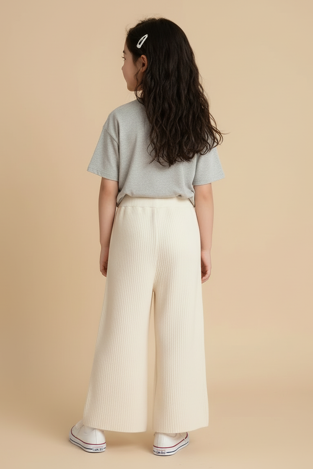 Pantalon Blanc Côtelé Ample Tricoté Fille - Beige Maille - vue 2