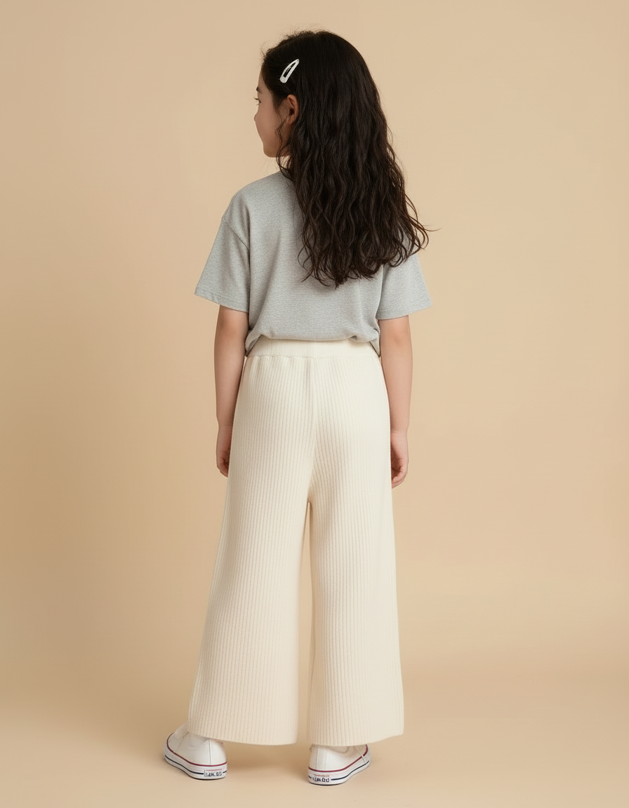 Pantalon Blanc Côtelé Ample Tricoté Fille - Beige Maille - vue 2