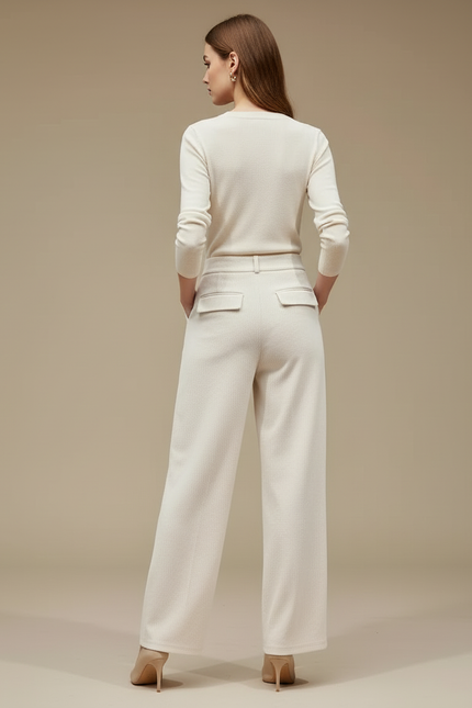 Pantalon Blanc Côtelé Plissé Droit Élégant Femme - Beige Cordé - vue 2