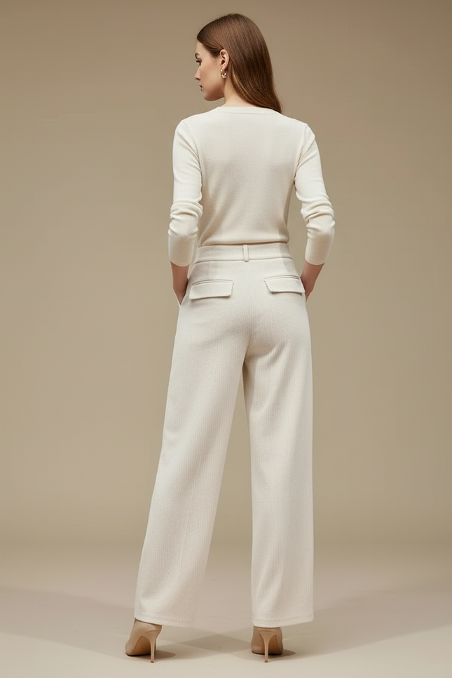 Pantalon Blanc Côtelé Plissé Droit Élégant Femme - Beige Cordé - vue 2