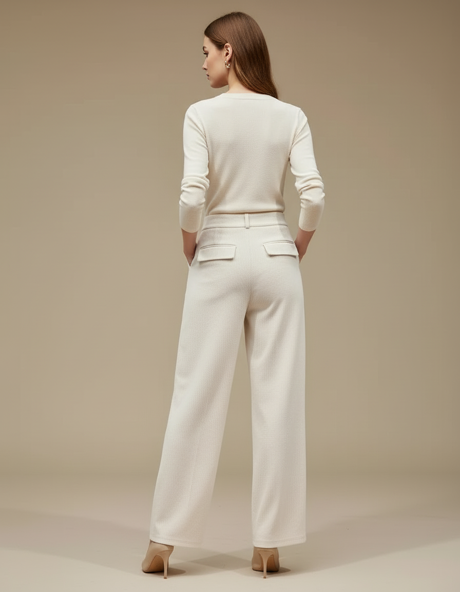Pantalon Blanc Côtelé Plissé Droit Élégant Femme - Beige Cordé - vue 2