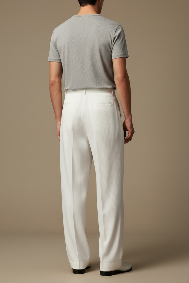 Pantalon Blanc Plissé Ample Droit Élégant Homme - Cordé - vue 2