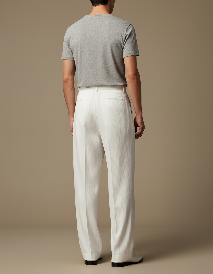 Pantalon Blanc Plissé Ample Droit Élégant Homme - Cordé - vue 2