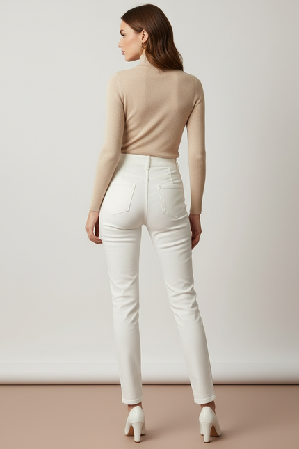 Pantalon Blanc Taille Haute Boutons Dorés Slim Femme - Jean - vue 2