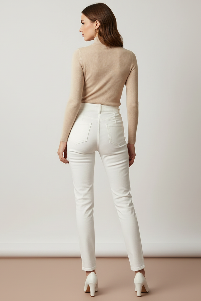 Pantalon Blanc Taille Haute Boutons Dorés Slim Femme - Jean - vue 2