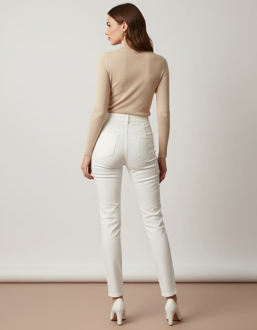 Pantalon Blanc Taille Haute Boutons Dorés Slim Femme - Jean - vue 2