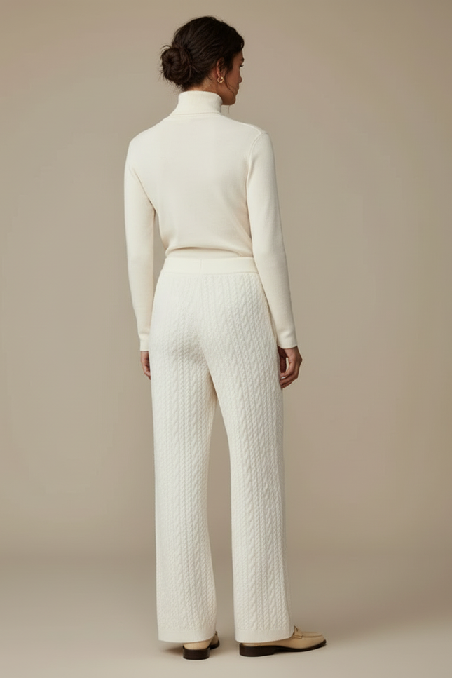 Pantalon Blanc Tricoté Câblé Droit Confortable Femme - Maille - vue 2