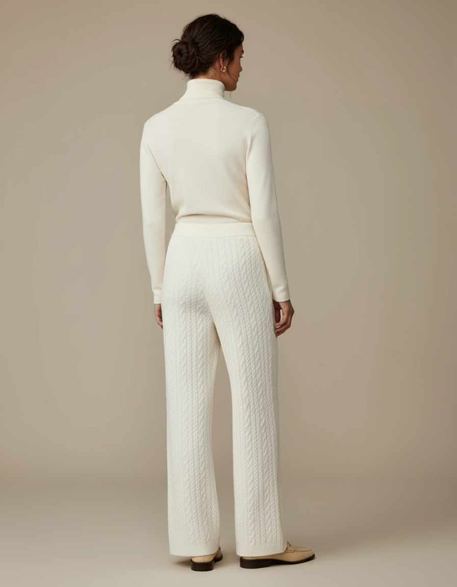 Pantalon Blanc Tricoté Câblé Droit Confortable Femme - Maille - vue 2