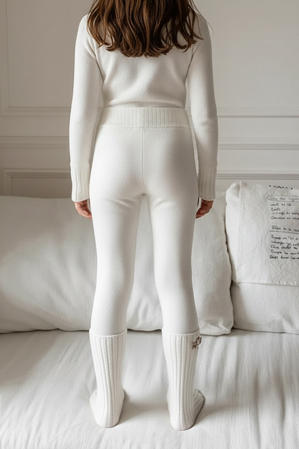 Pantalon Blanc Tricoté Côtelé Doublé Polaire Enfant - Maille