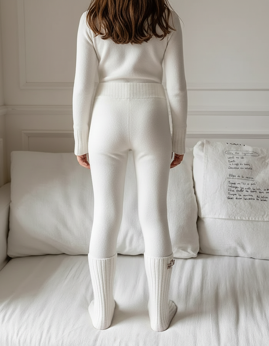 Pantalon Blanc Tricoté Côtelé Doublé Polaire Enfant - Maille