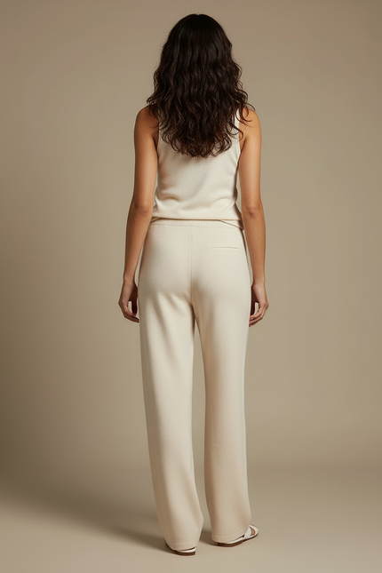Pantalon Blanc Tricoté Ample Décontracté Femme Fluide - Beige Maille - vue 2