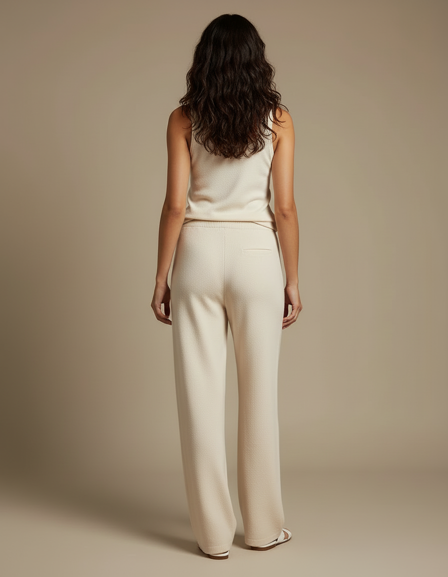 Pantalon Blanc Tricoté Ample Décontracté Femme Fluide - Beige Maille - vue 2