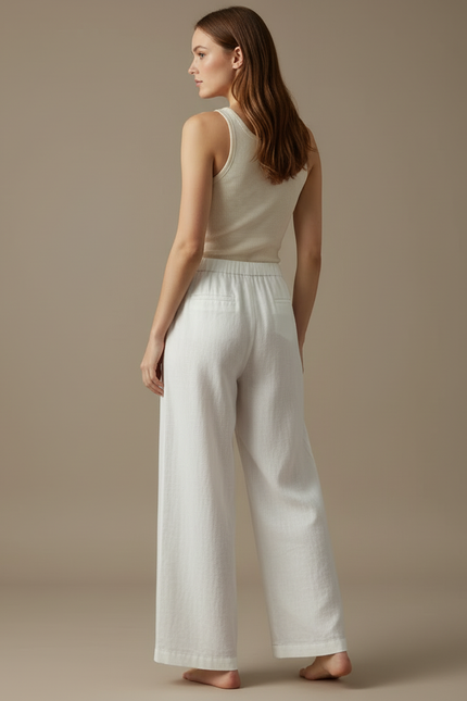 Pantalon Blanc Large Lin Fluide Taille Haute - vue 2