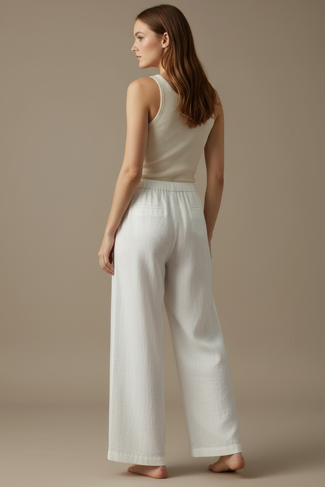 Pantalon Blanc Large Lin Fluide Taille Haute - vue 2