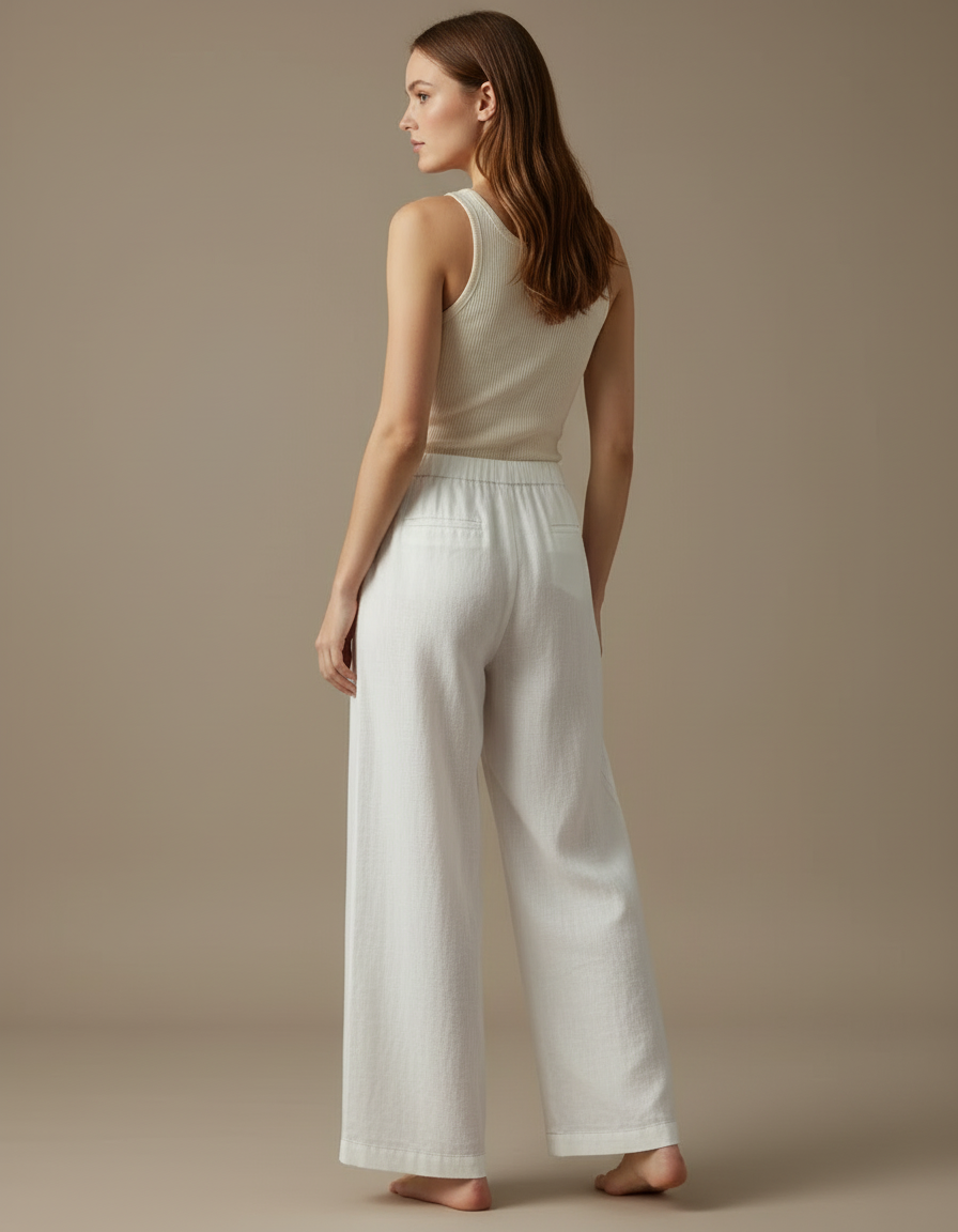 Pantalon Blanc Large Lin Fluide Taille Haute - vue 2