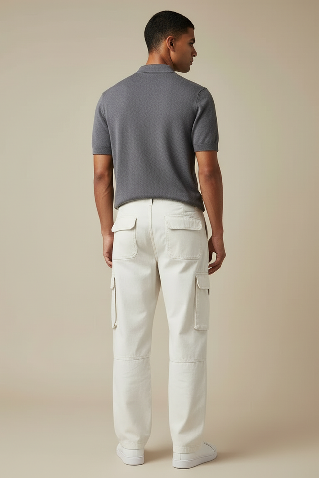 Pantalon Blanc Cargo Ample Coton Décontracté Homme - Toile - vue 2
