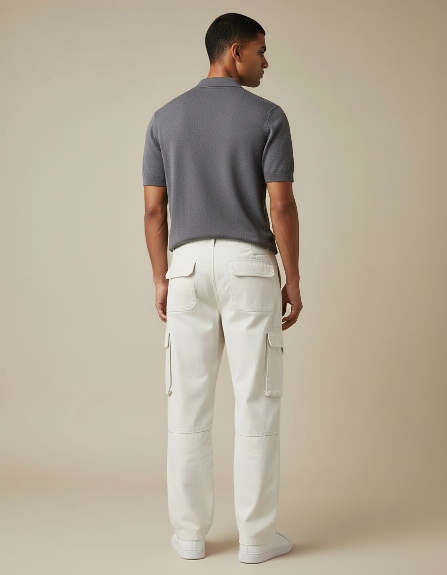 Pantalon Blanc Cargo Ample Coton Décontracté Homme - Toile - vue 2