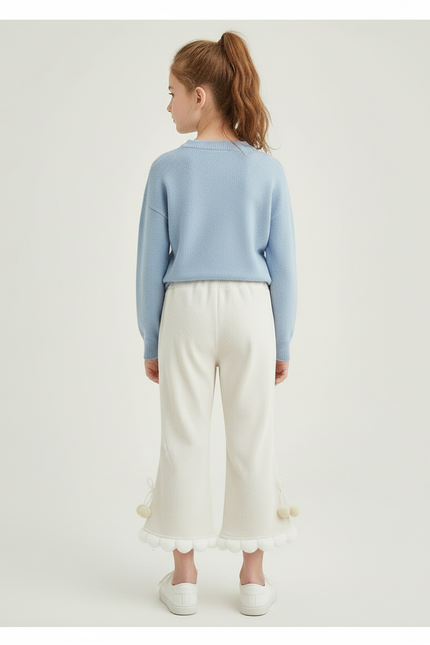 Pantalon Blanc Côtelé Ample Décontracté Pompons Fille - Beige Cordé - vue 2