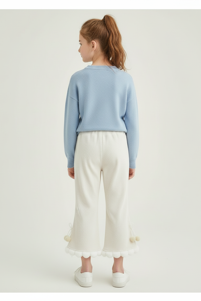Pantalon Blanc Côtelé Ample Décontracté Pompons Fille - Beige Cordé - vue 2