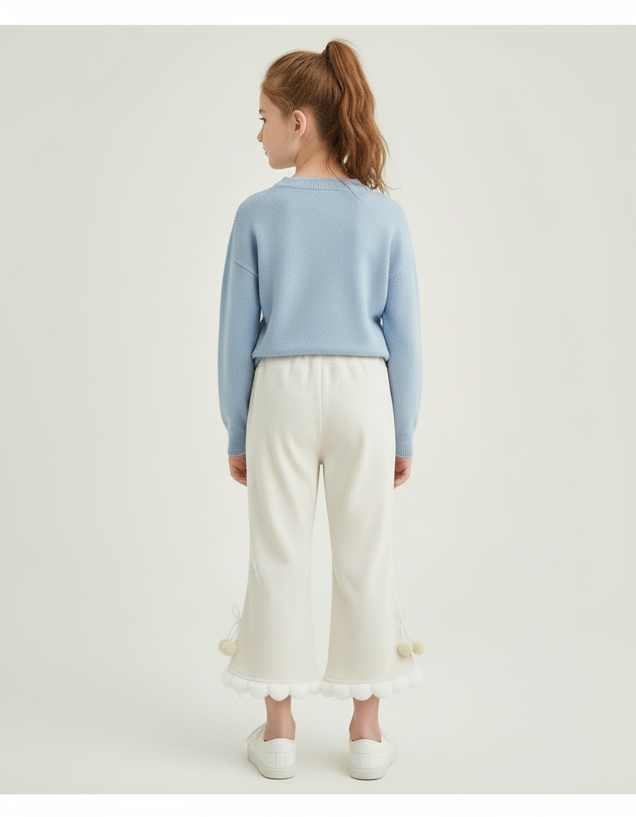 Pantalon Blanc Côtelé Ample Décontracté Pompons Fille - Beige Cordé - vue 2