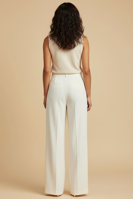 Pantalon Blanc Plissé Ample Taille Haute Élégant - Polyester - vue 2