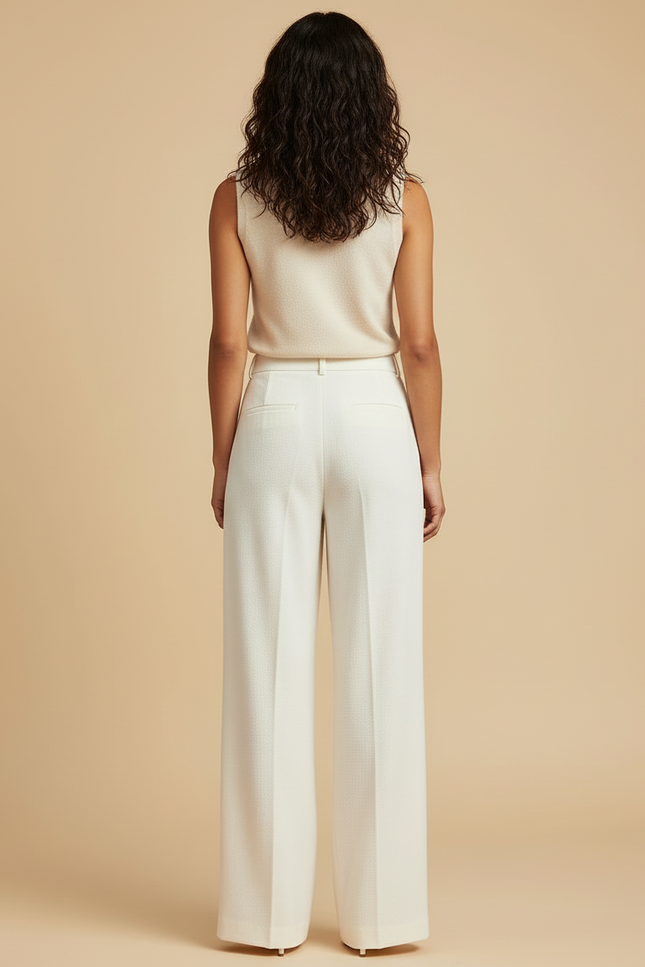 Pantalon Blanc Plissé Ample Taille Haute Élégant - Polyester - vue 2