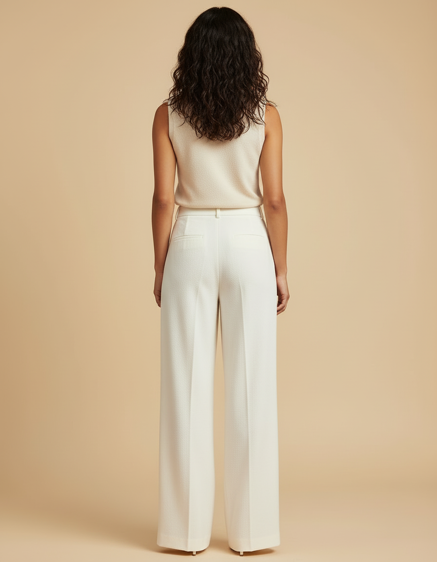 Pantalon Blanc Plissé Ample Taille Haute Élégant - Polyester - vue 2