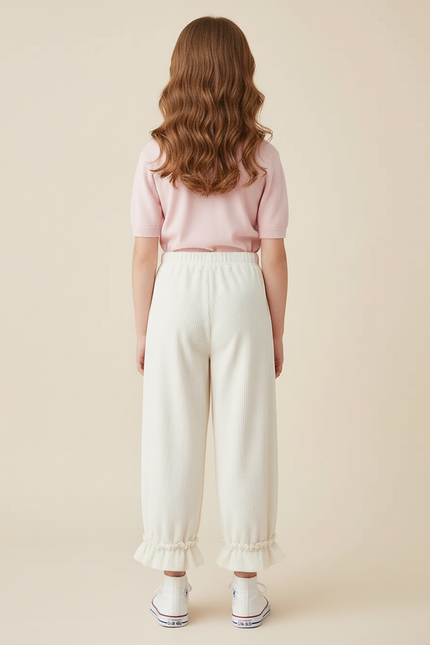 Pantalon Blanc Côtelé Ample Décontracté Volants Fille - Cordé - vue 2