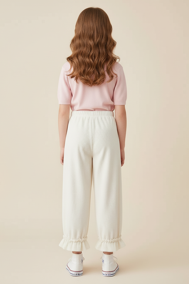 Pantalon Blanc Côtelé Ample Décontracté Volants Fille - Cordé - vue 2