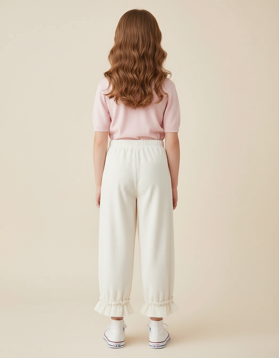 Pantalon Blanc Côtelé Ample Décontracté Volants Fille - Cordé - vue 2
