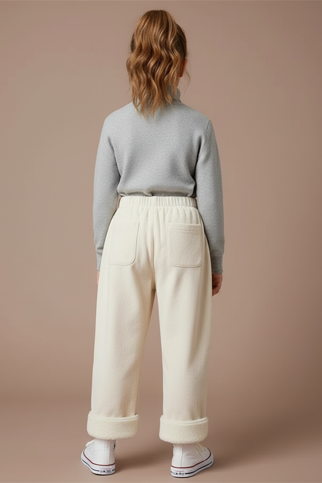 Pantalon Blanc Côtelé Ample Droit Enfant Doublé Polaire - Beige Molleton - vue 2