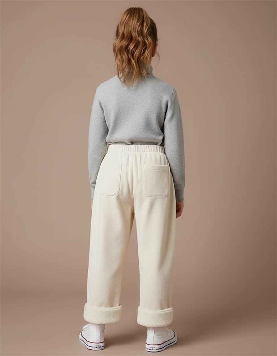 Pantalon Blanc Côtelé Ample Droit Enfant Doublé Polaire - Beige Molleton - vue 2