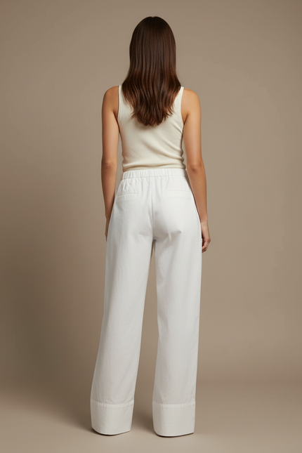 Pantalon Blanc Coton Ample Fluide Décontracté Femme - vue 2