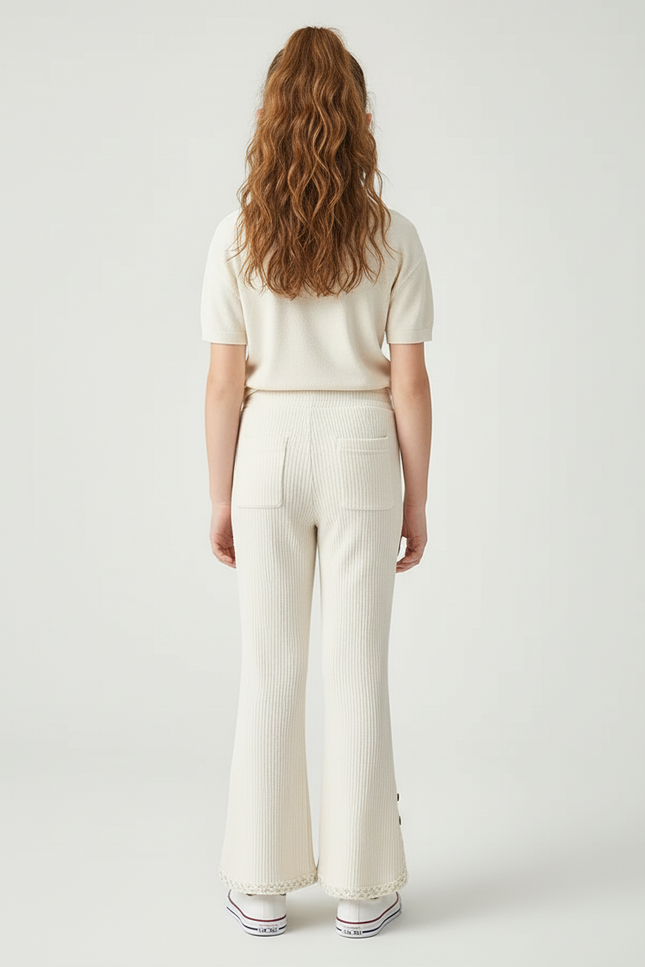 Pantalon Blanc Côtelé Ample Dentelle Boutons Fille - Beige Cordé - vue 2