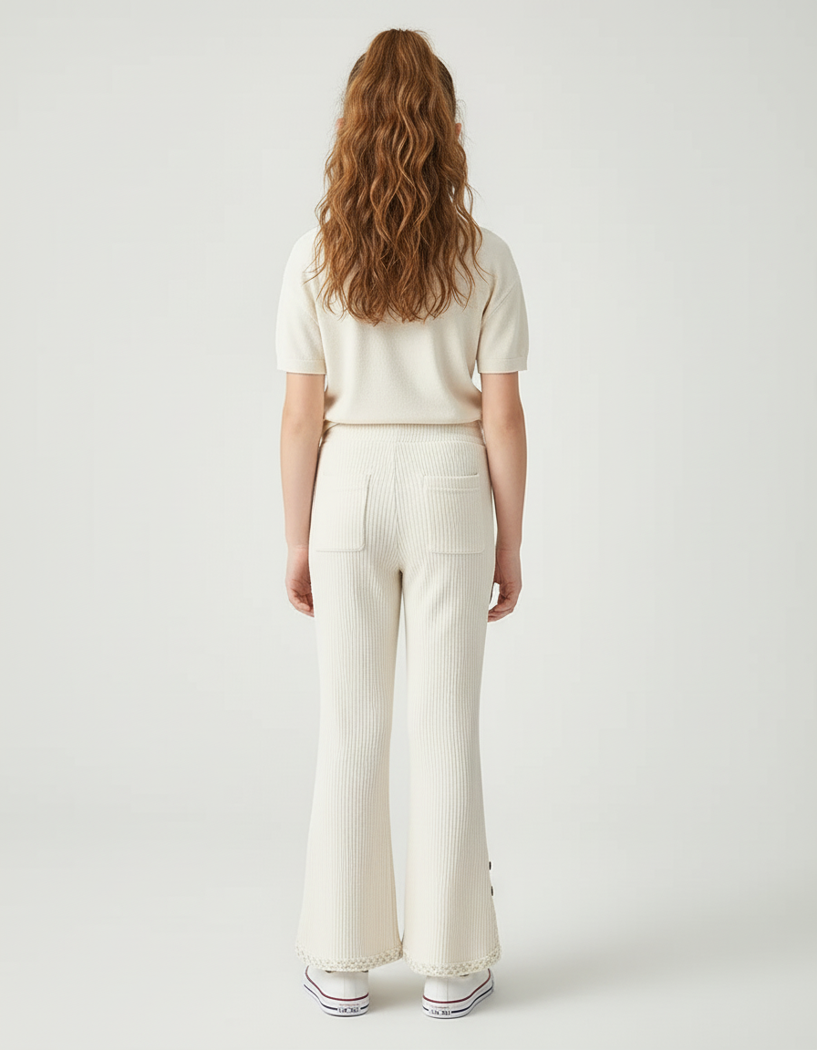 Pantalon Blanc Côtelé Ample Dentelle Boutons Fille - Beige Cordé - vue 2