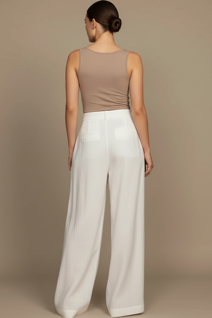 Pantalon Blanc Ample Lin Plissé Décontracté Élégant Femme - vue 2