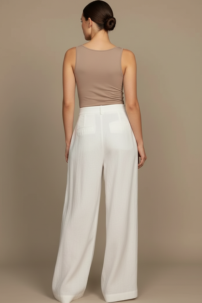 Pantalon Blanc Ample Lin Plissé Décontracté Élégant Femme - vue 2