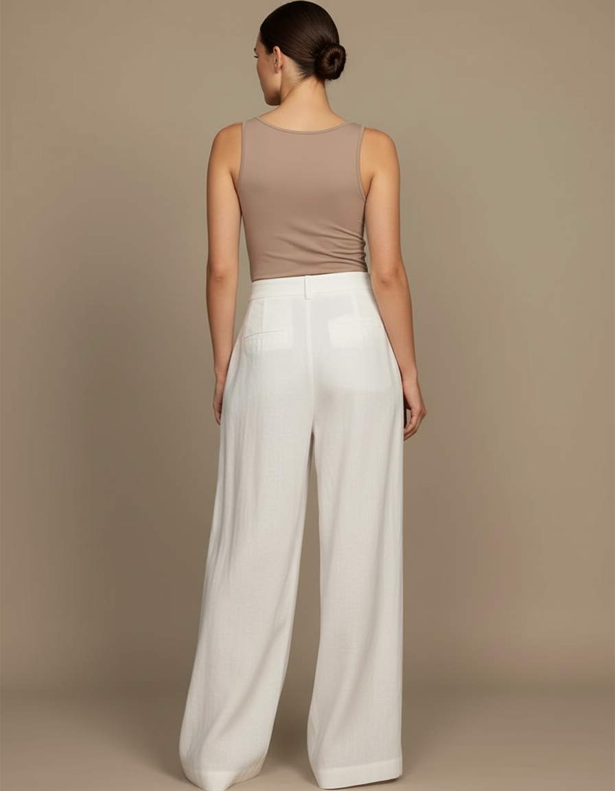 Pantalon Blanc Ample Lin Plissé Décontracté Élégant Femme - vue 2