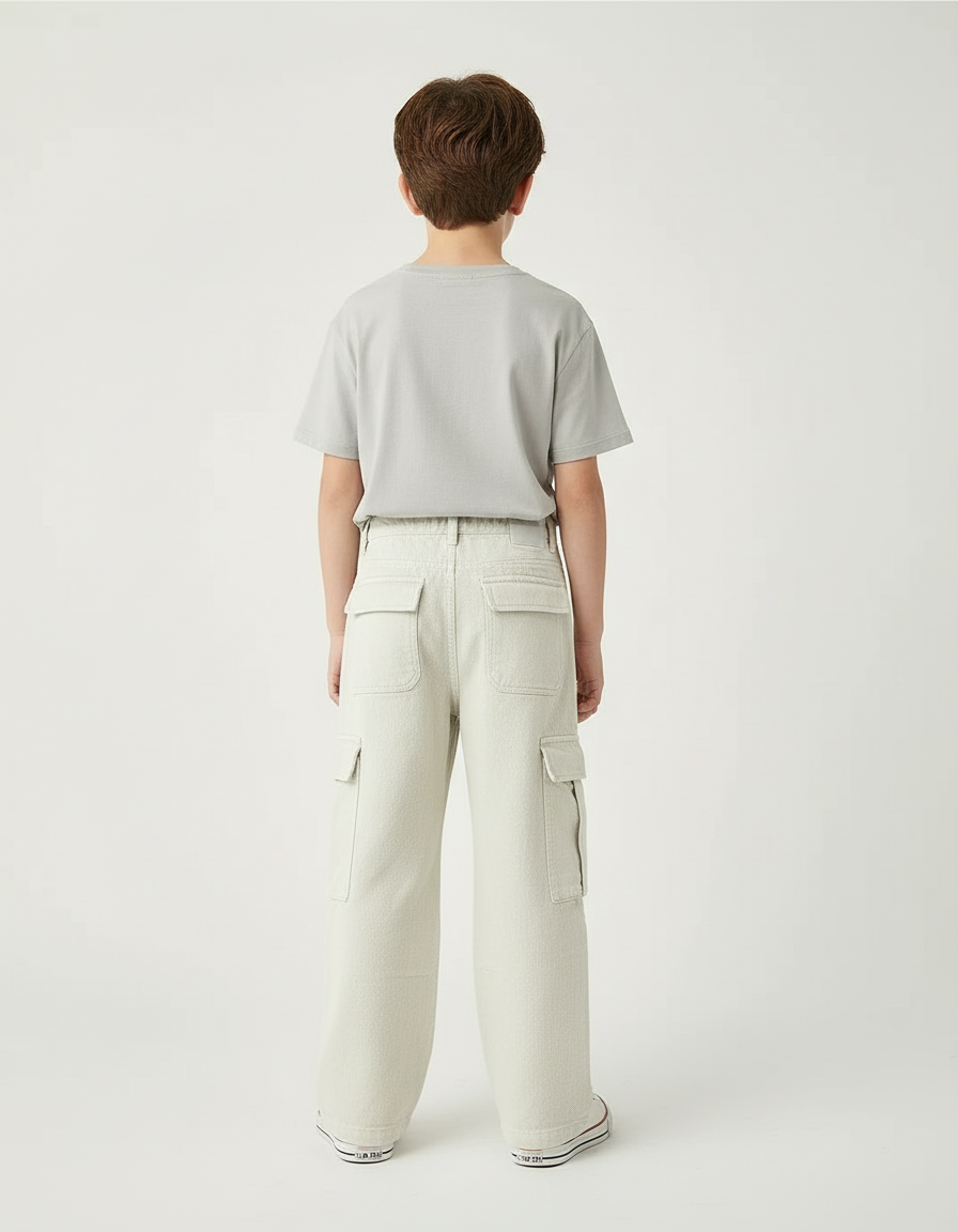 Pantalon Blanc Cargo Ample Coton Garçon Décontracté - Beige Jean - vue 2